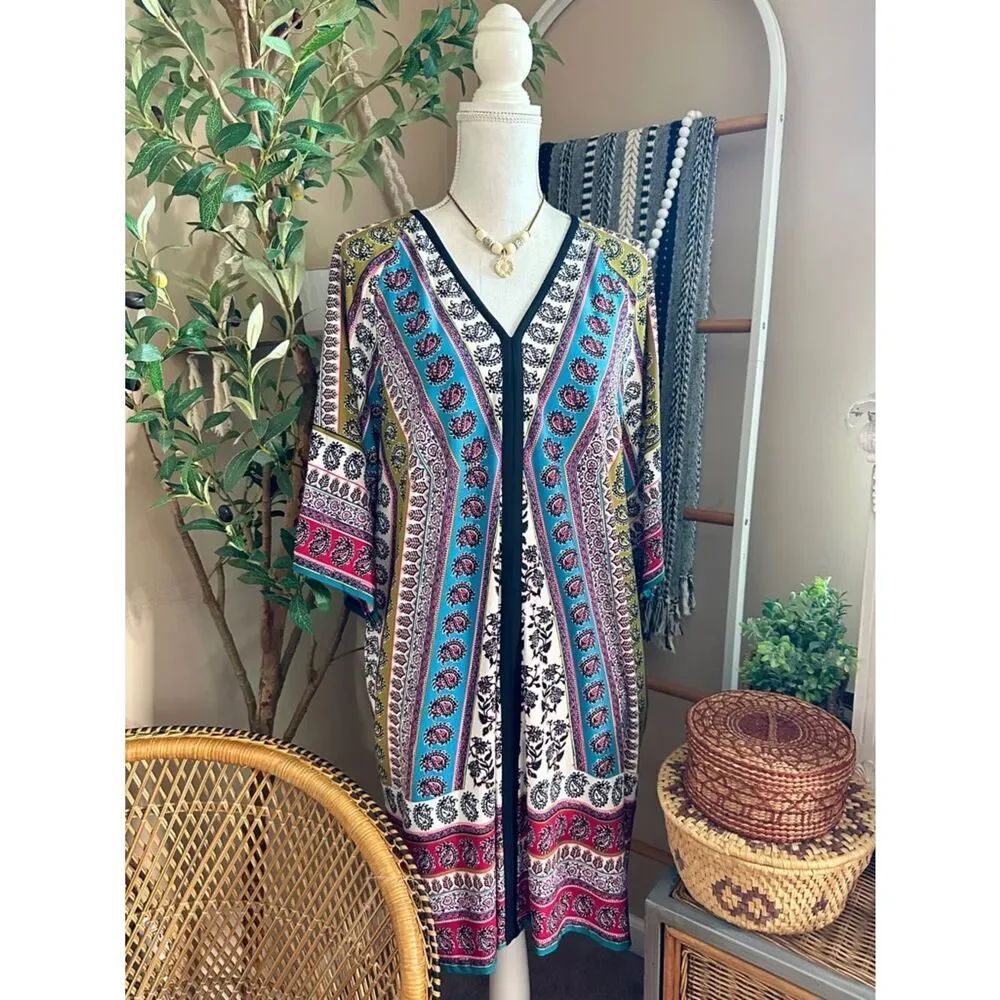 London Times Boho Paisley Dress Size 6 | Colorful Kimono Sleeve V-Neck Midi
